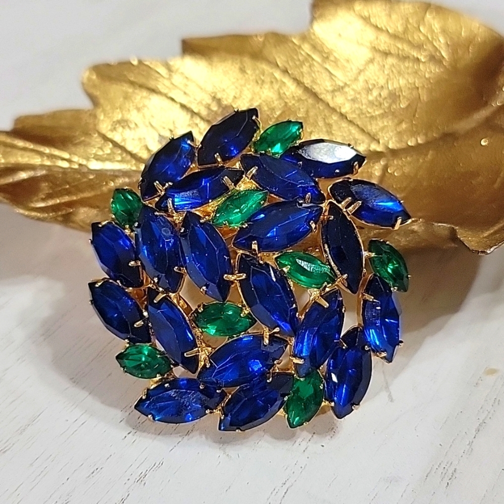 Vintage Domed Marquise Blue Green Rhinestones Brooch